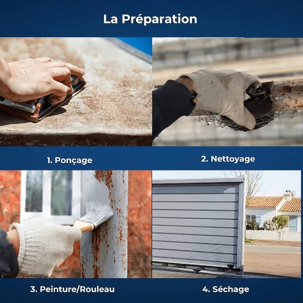 Processus de préparation de surface en 4 étapes : ponçage, nettoyage, peinture, séchage.