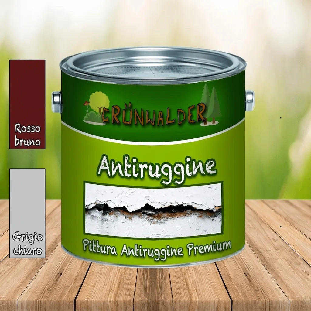 Barattolo di vernice verde "Grünwalder Rostschutz Premium Rostschutzfarbe" con campioni di colore rosso-marrone e grigio chiaro.