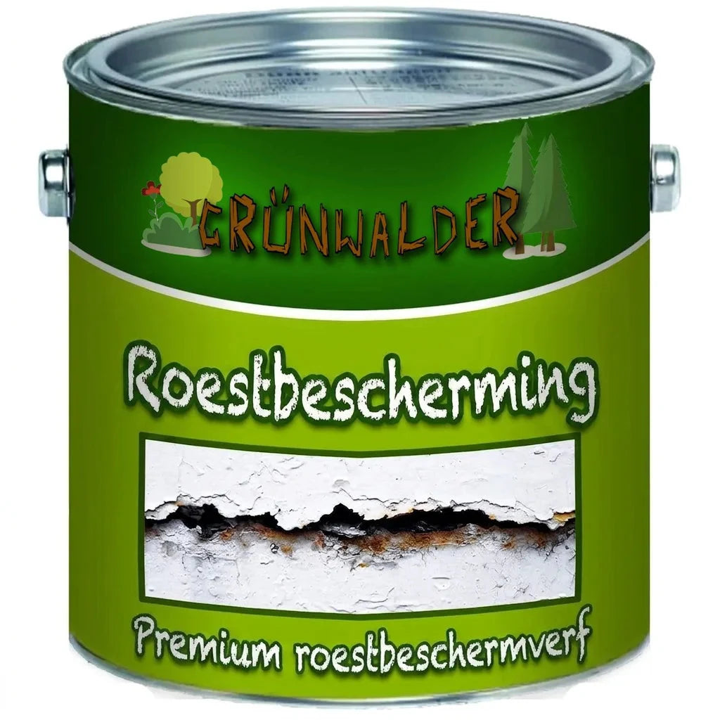 Groene Grünwalder roestwerende verfblik met afbeelding van roestig metaal en schilferende verf.