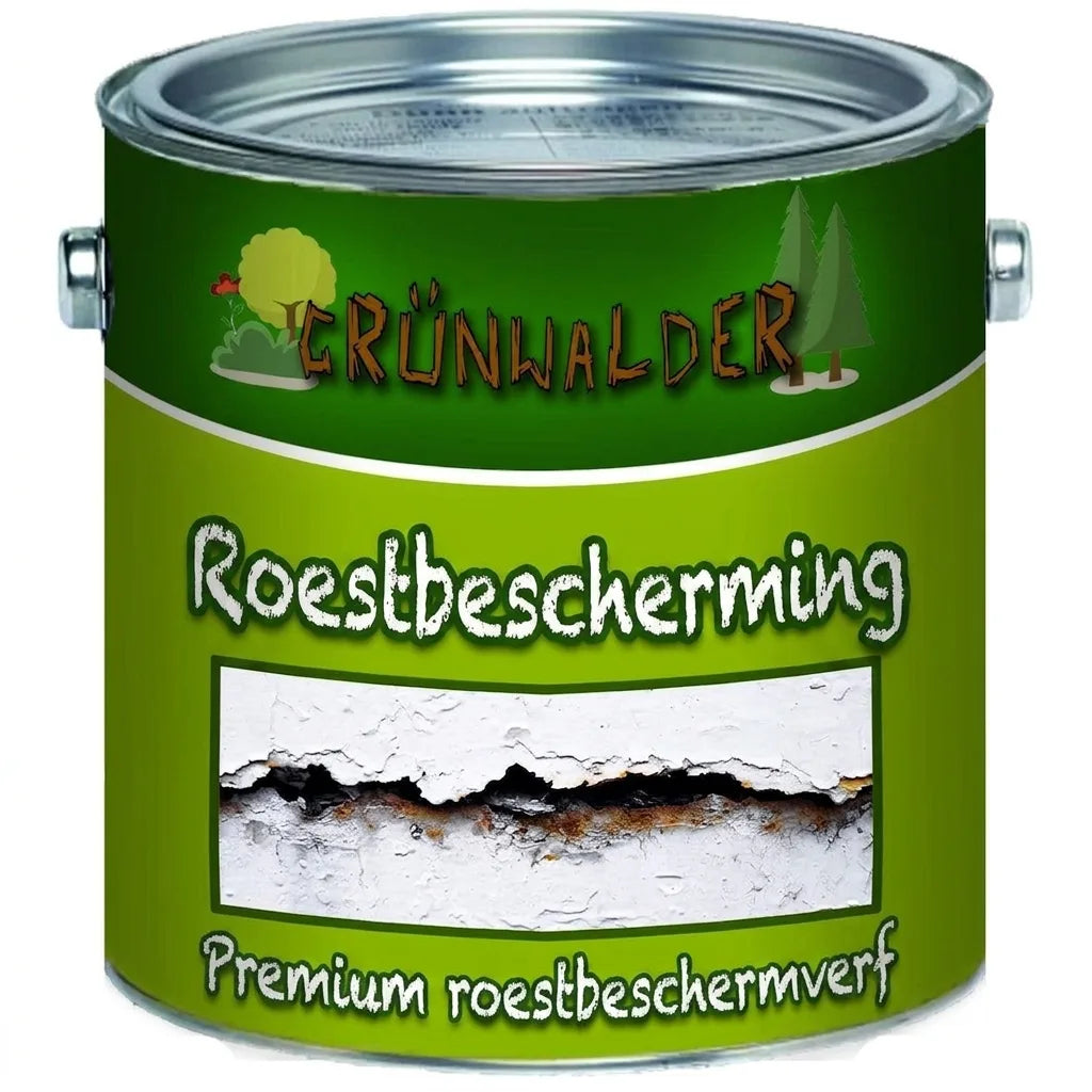 Groene Grünwalder roestwerende verfblik met afbeelding van roestig metaal en schilferende verf.
