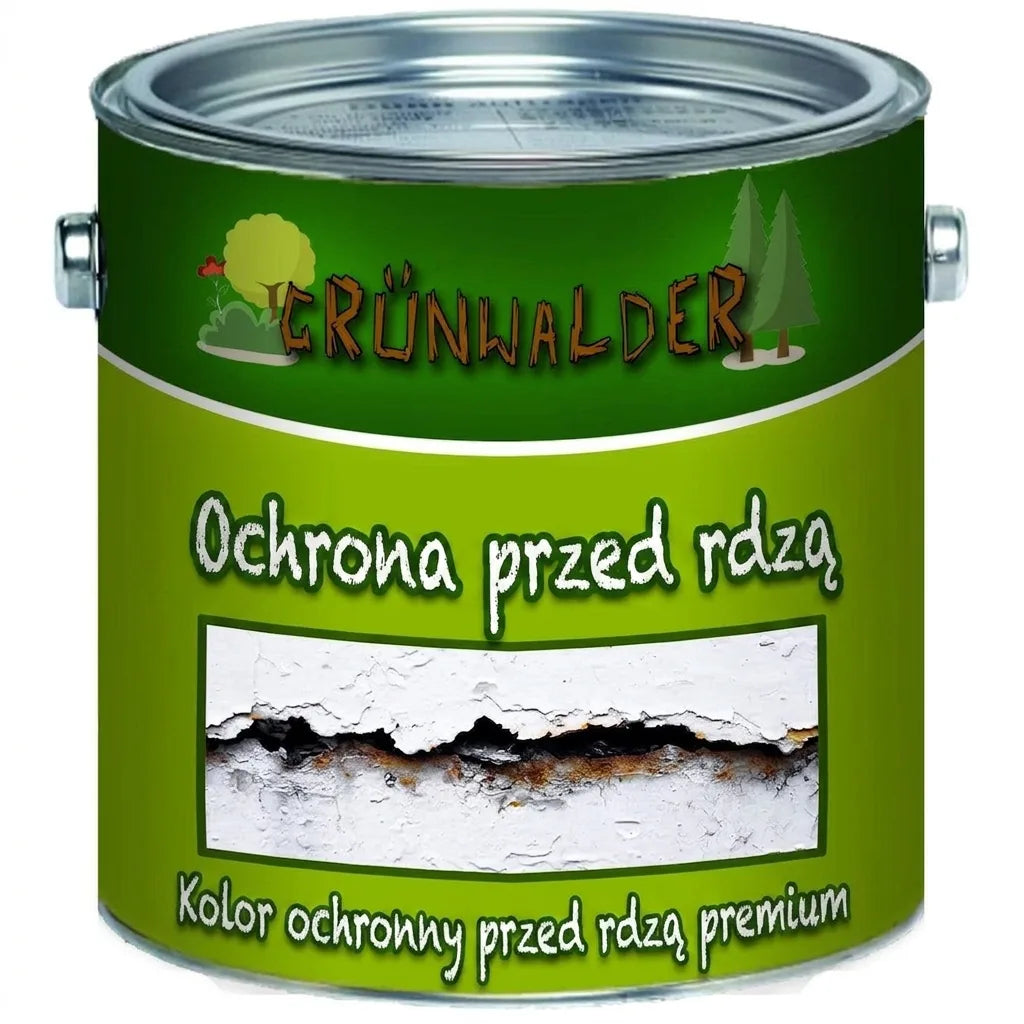 Zielona puszka farby antykorozyjnej Grünwalder. Etykieta Premium Rostschutzfarbe, ilustrująca rdzę.
