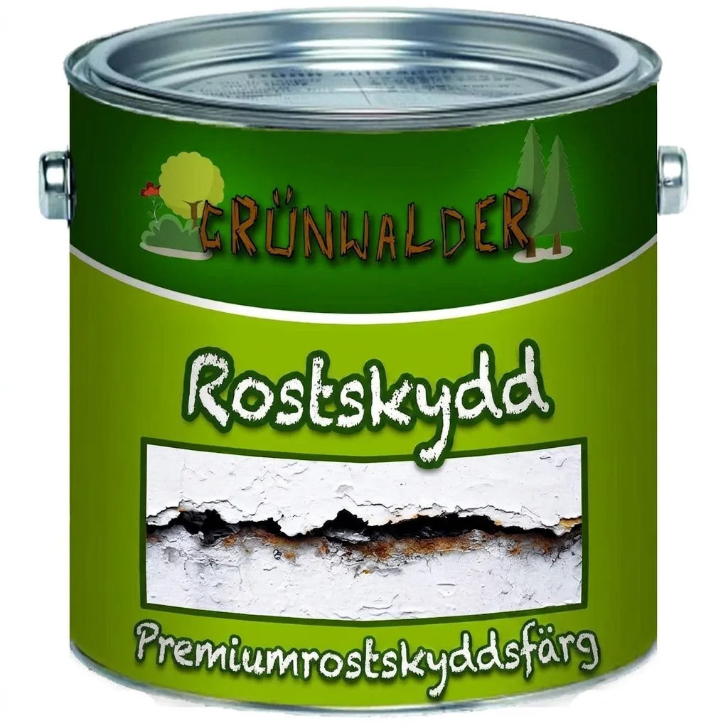 Grünwalder premium rostskyddsfärg i burk, med bild av rostig yta på etiketten.