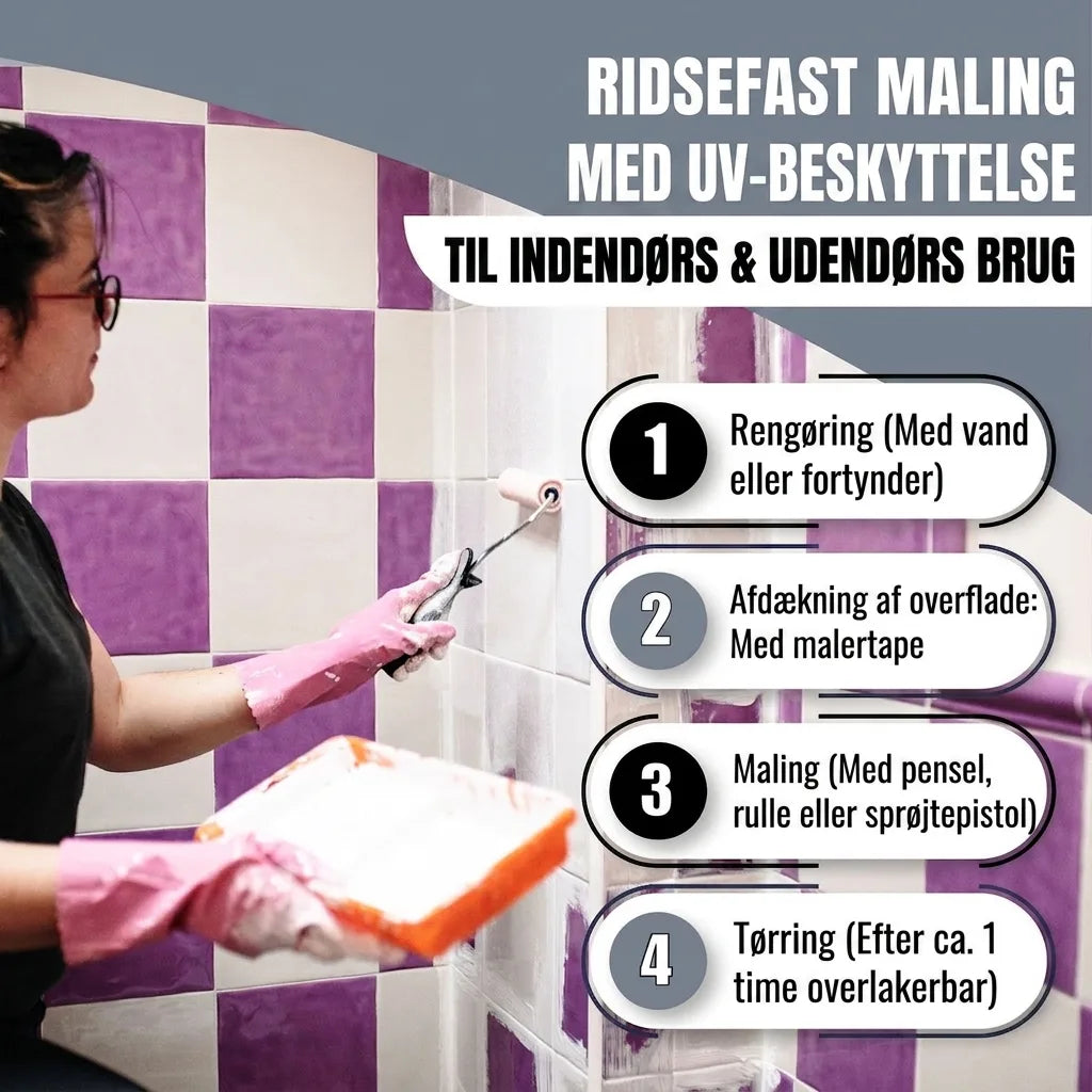 Person maler fliser med ridsefast UV-beskyttet maling til inde/ude. Inkluderer 4-trins guide til påføring.