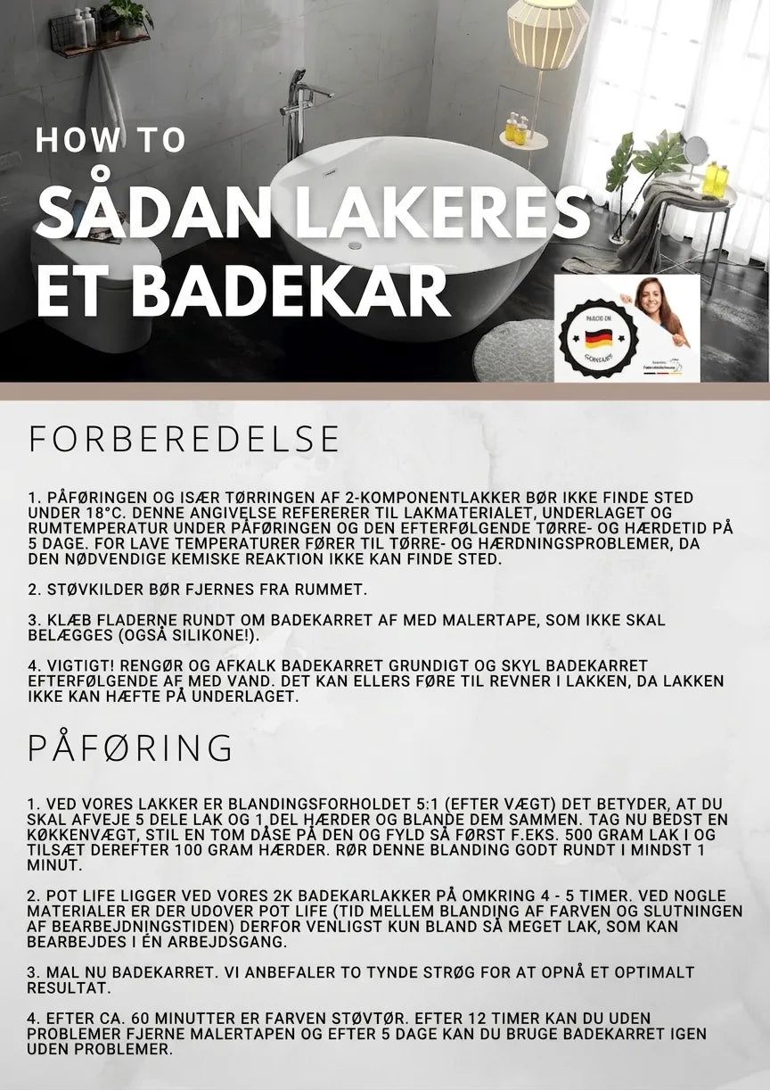 Instruktioner og guide til at male et badekar, med forberedelse og trin til lakering.