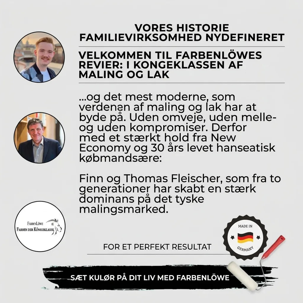 Billede med Finn og Thomas Fleischer, der præsenterer FarbenLöwe, et tysk familieejet firma for maling og lak, der omdefinerer kvalitet.