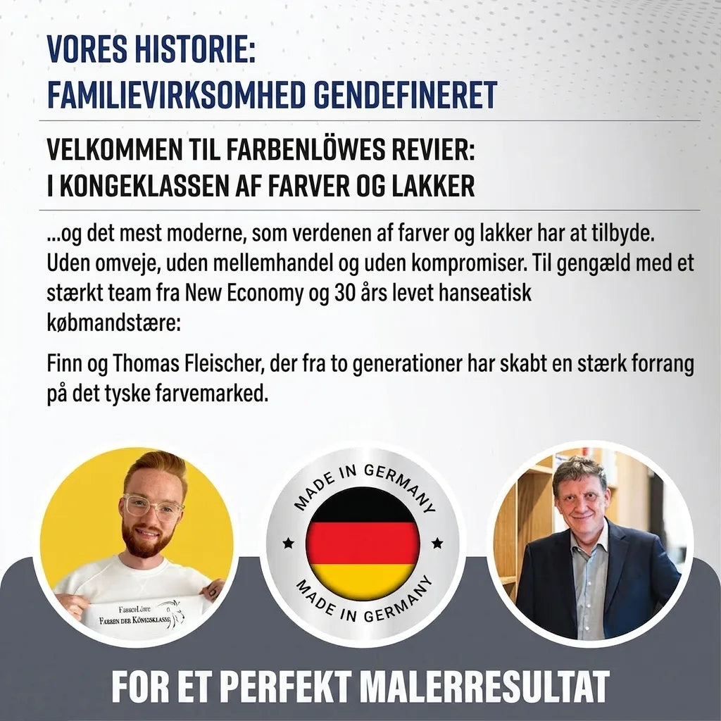 Præsentation af den tyske familievirksomhed Farvenløve, med portrætter af grundlæggerne og 'Made in Germany' mærket.