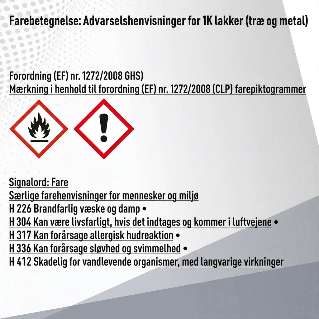 Fareetiketter og sikkerhedsinformation for 1K maling (træ og metal) med GHS-piktogrammer.