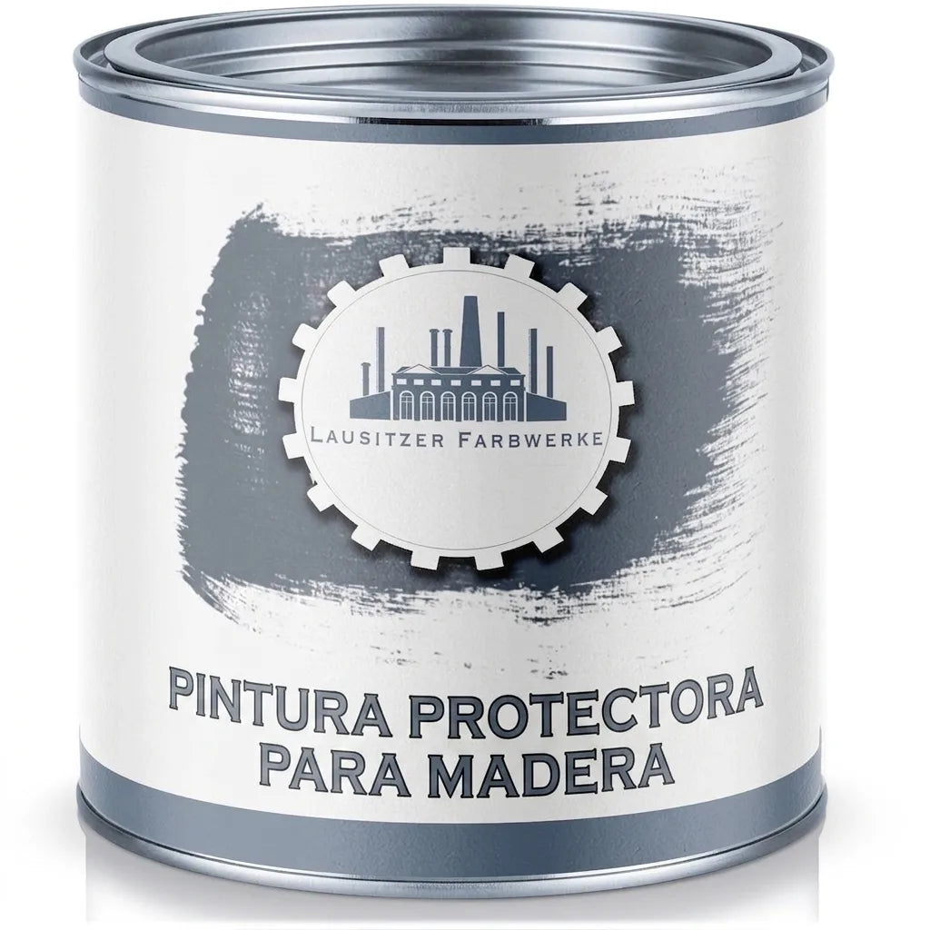 Bote de pintura protectora para madera Lausitzer Farbwerke, color gris, con muestra de trazo.