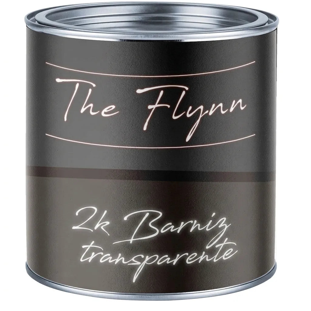 Bote de barniz oscuro con etiqueta que dice 'The Flynn 2k Klarlack'.