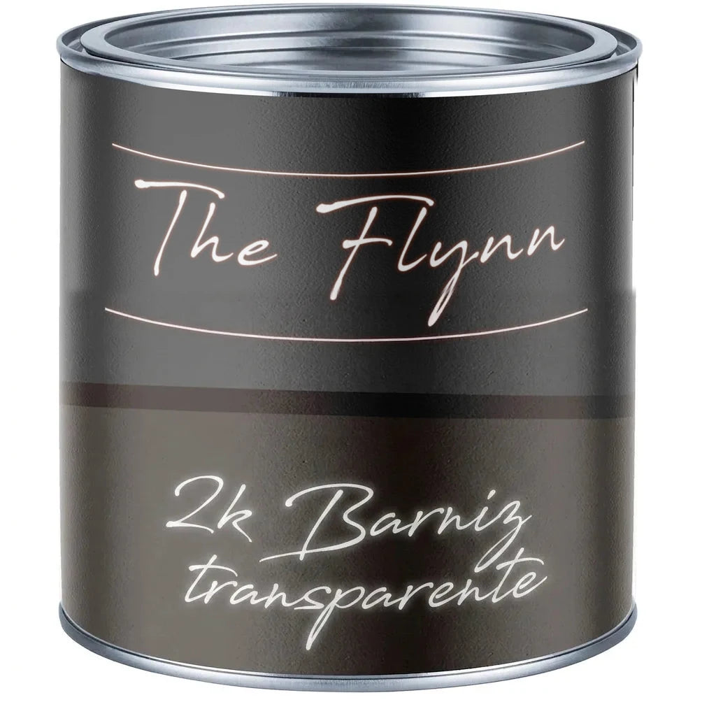 Bote de barniz oscuro con etiqueta que dice 'The Flynn 2k Klarlack'.
