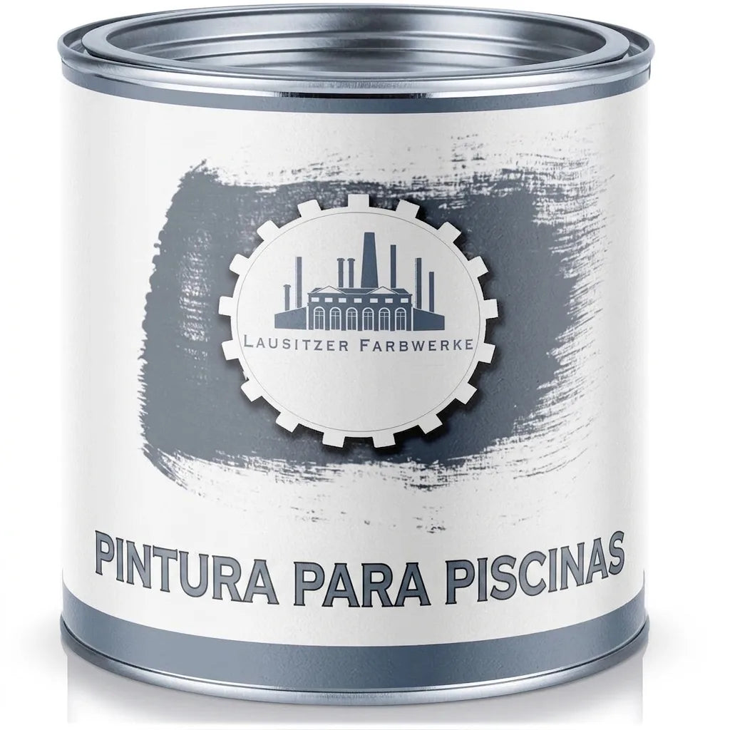 Bote de pintura gris oscuro para piscinas, con el logo de Lausitzer Farbwerke y la inscripción POOLFARBE.