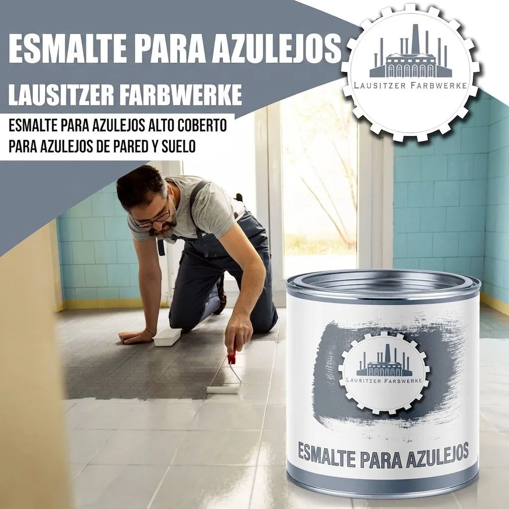 Hombre pinta azulejos con laca para baldosas. Lata de pintura FLIESENLACK de LAUSITZER FARBWERKE, cubriente para paredes y suelos.
