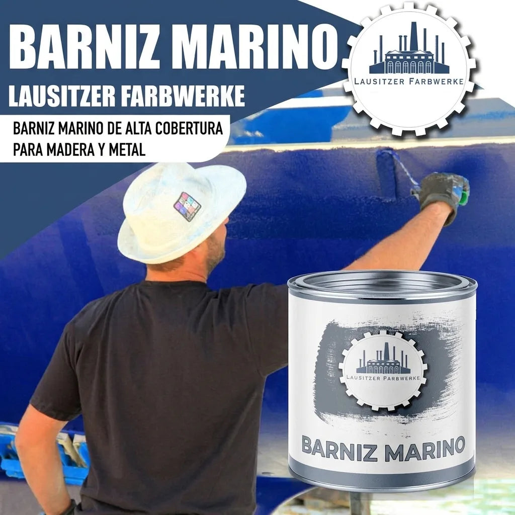 Hombre pinta barco con pintura azul Lausitzer Farbwerke. Lata de Bootslack, alto cubrimiento para madera y metal.