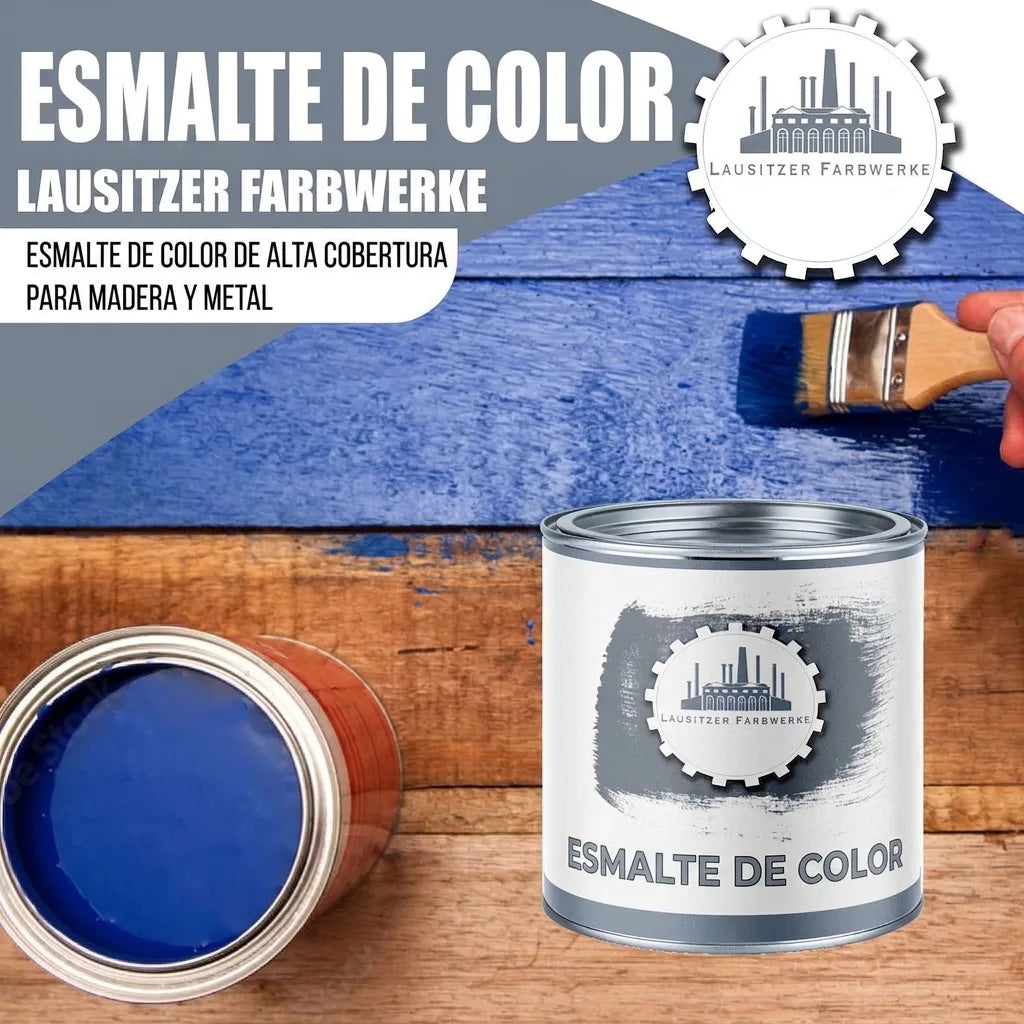 Buntlack: Laca de color azul para madera y metal de Lausitzer Farbwerke. Se muestra un bote y aplicación con brocha.