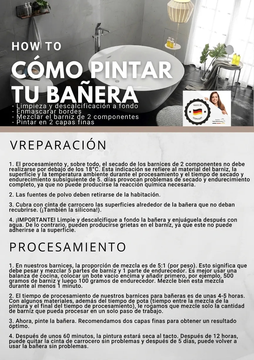 Instrucciones detalladas en alemán para pintar una bañera, con pasos de preparación y aplicación.