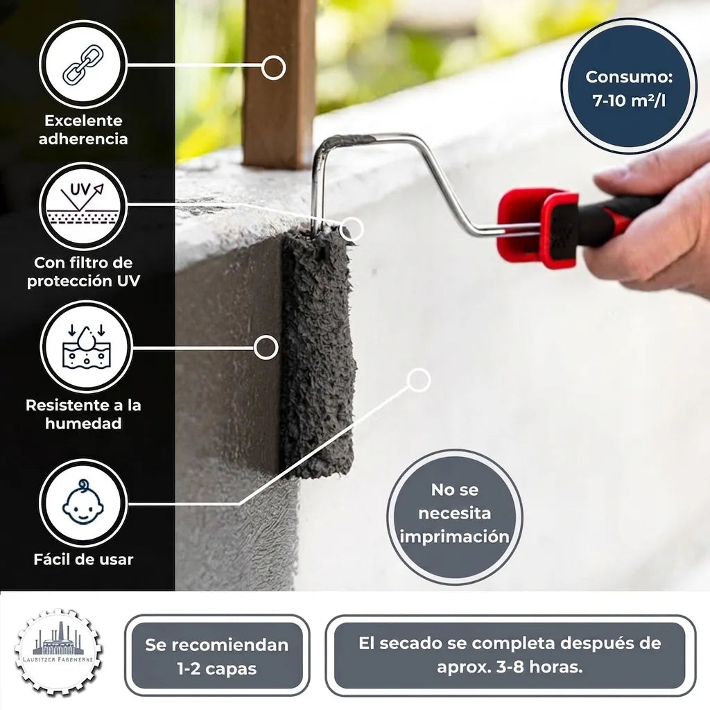 Aplicando pintura impermeable oscura con rodillo en pared, destacando adherencia, protección UV y facilidad de uso.