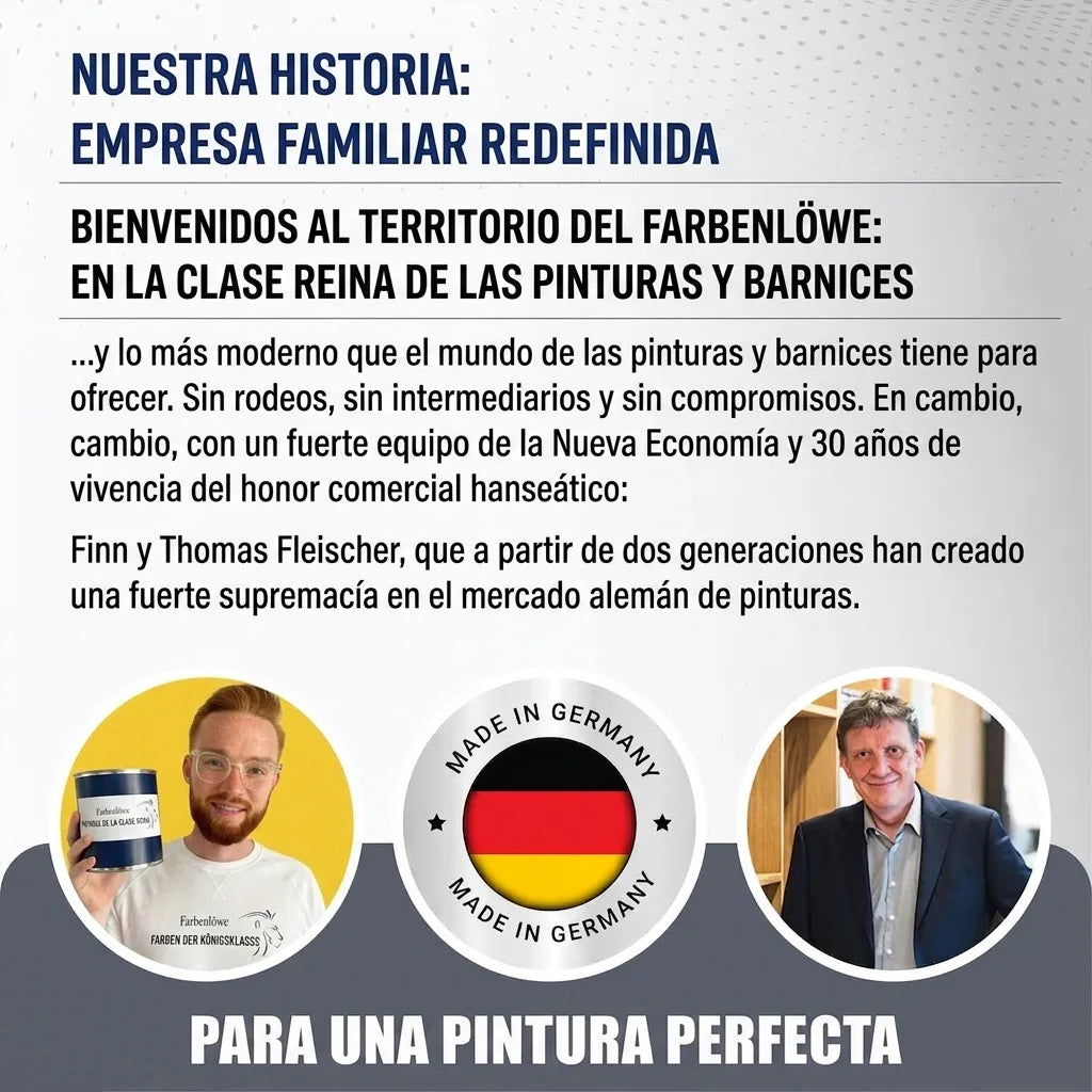 Publicidad de Farbenlöwe: empresa familiar alemana de pinturas y lacas. Fundadores, calidad "Hecho en Alemania".