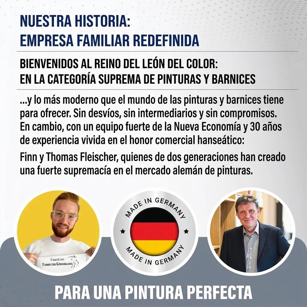 Imagen promocional de Farbenlöwe, empresa familiar alemana de pinturas y barnices, con los fundadores y eslóganes.