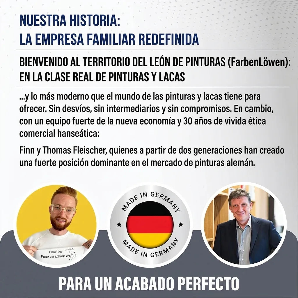 Publicidad de negocio familiar alemán de pinturas premium, con Finn y Thomas Fleischer y sello 'Made in Germany'.