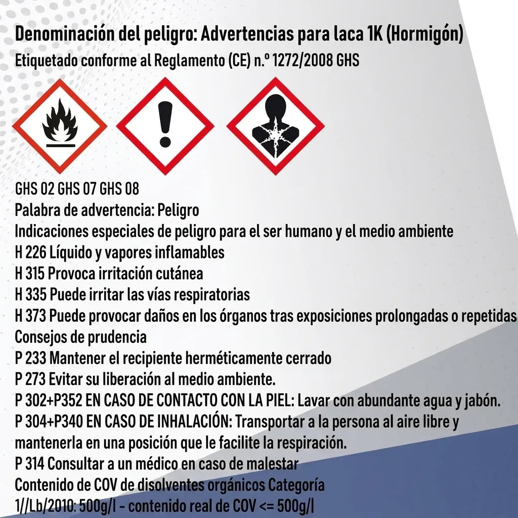 Etiqueta de seguridad GHS en alemán para pintura 1K (hormigón) con pictogramas de peligro e instrucciones.