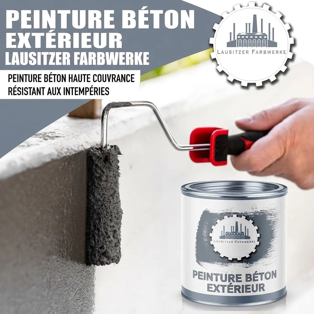 Peinture béton grise Lausitzer Farbwerke, haute couvrance, résistante aux intempéries, application au rouleau.