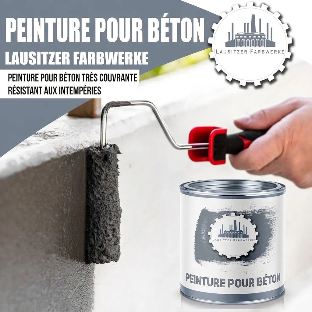 Peinture béton grise Lausitzer Farbwerke appliquée au rouleau. Pot de peinture. Haute couvrance, résistante.