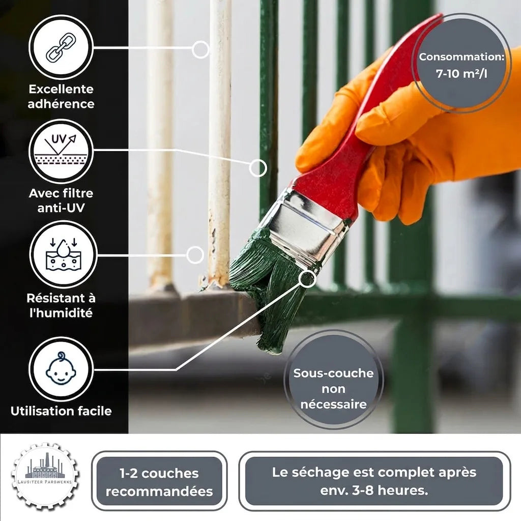 Peinture verte pour métal avec excellentes propriétés : adhérence, protection UV, résistance à l'humidité, séchage rapide.