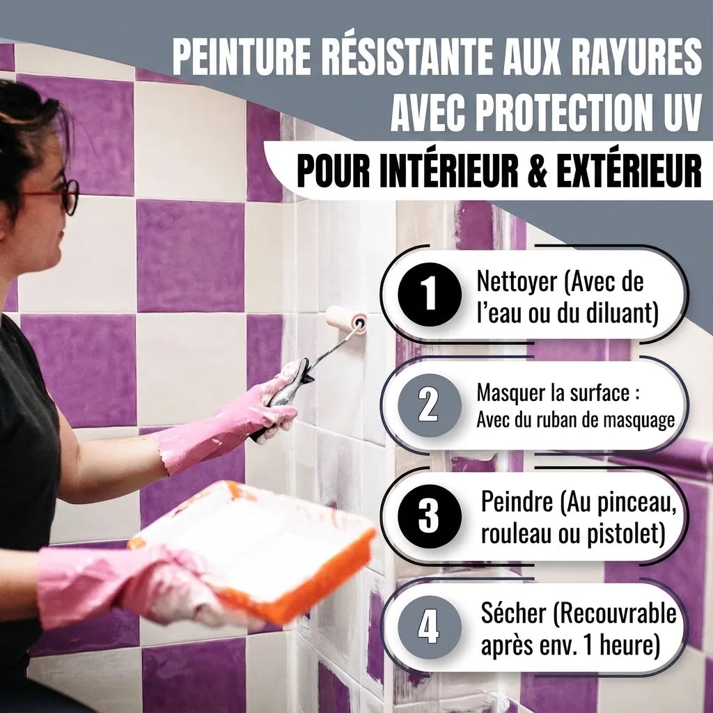 Femme peignant des carreaux, instructions pour une peinture anti-rayures UV intérieur/extérieur.