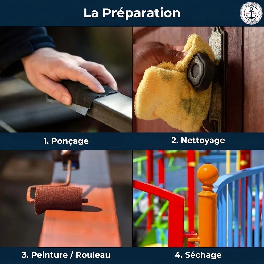 Étapes de préparation et peinture: ponçage, nettoyage, application de peinture au rouleau et séchage des garde-corps colorés.