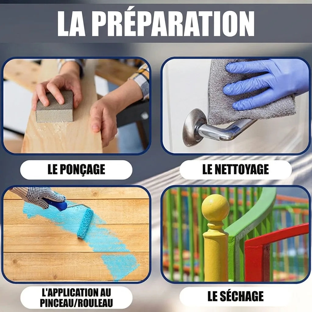 Image des étapes de préparation : ponçage du bois, nettoyage d'une poignée, peinture au rouleau, et séchage de surfaces colorées.