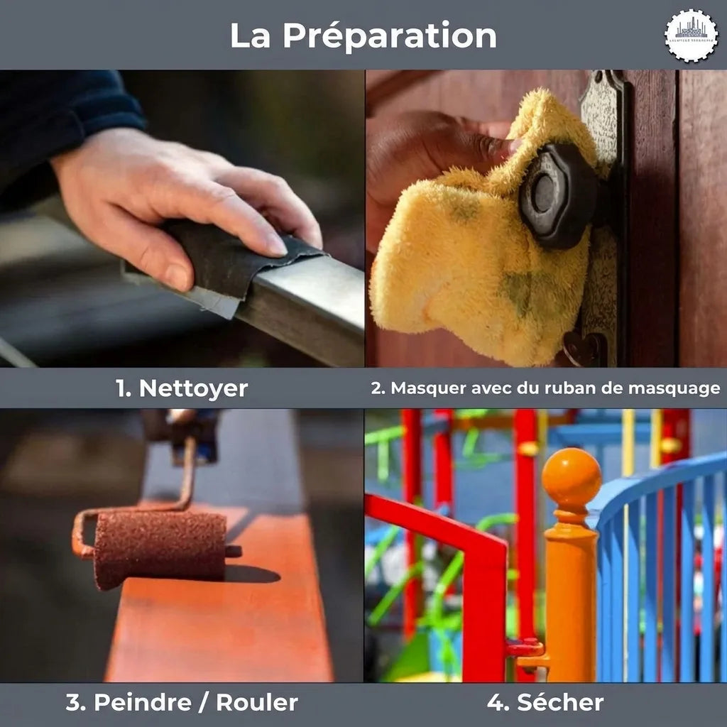 Image des 4 étapes de préparation à la peinture: nettoyer, masquer avec du ruban, peindre et sécher.