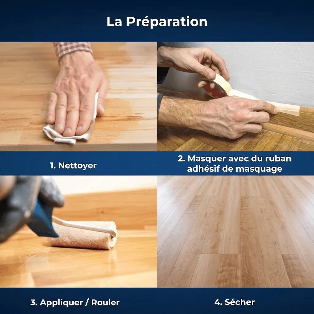 Étapes de préparation du bois : nettoyer, masquer, appliquer la finition au rouleau, puis laisser sécher.