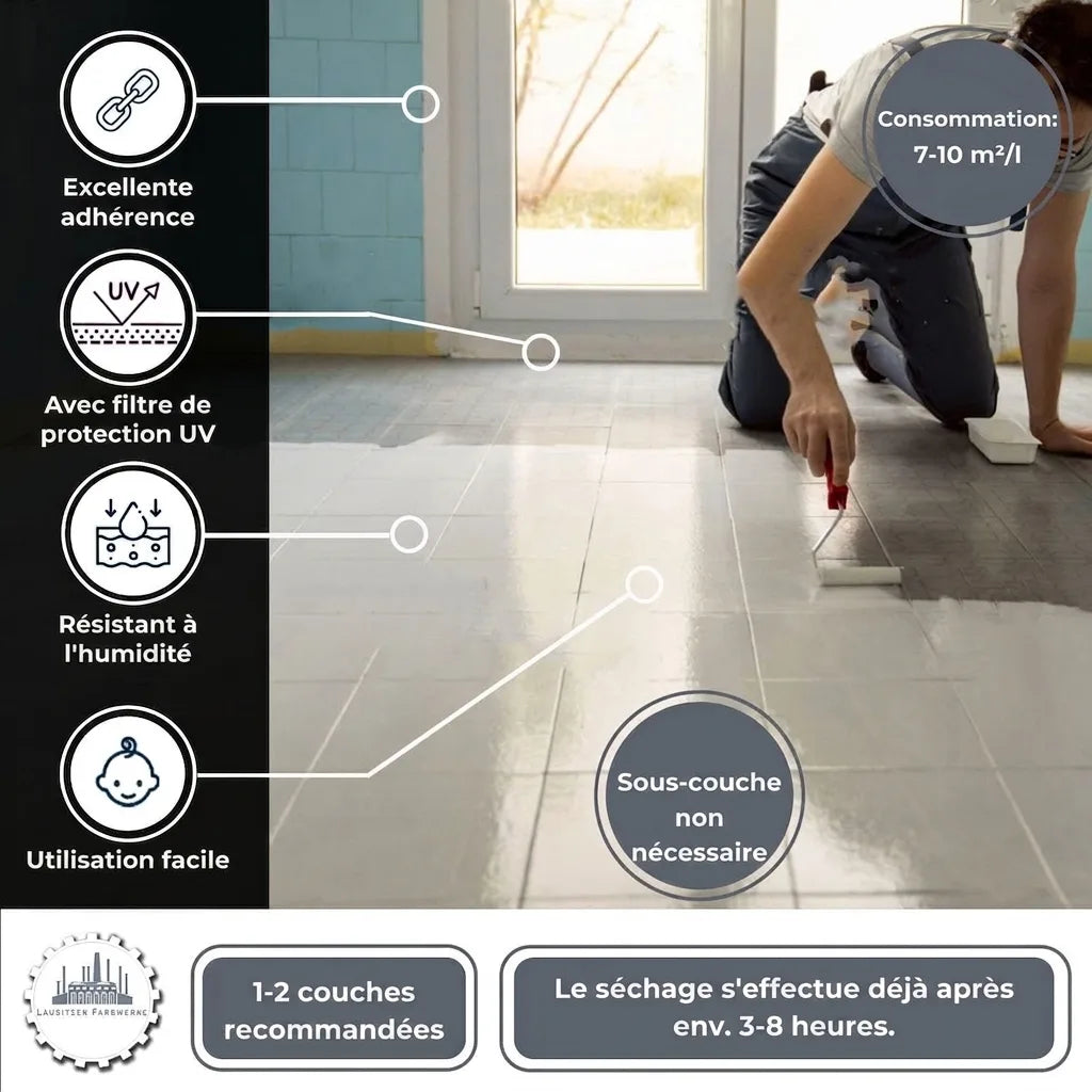 Homme peignant un carrelage de sol blanc, présentant les caractéristiques de la peinture : adhérence, protection UV, résistance à l'humidité