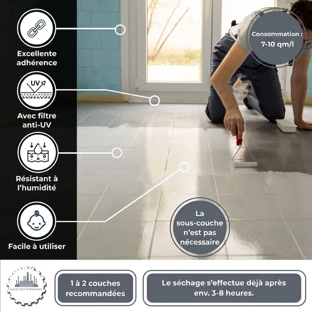 Un homme peint des carreaux. Infos produit : excellente adhérence, anti-UV, résistant à l'humidité, simple, sans primaire, séchage 3-8h.