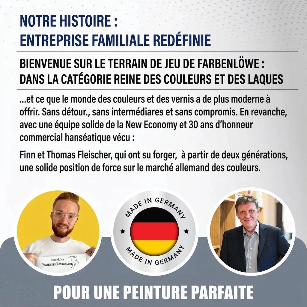 Histoire d'une entreprise familiale redéfinissant les peintures et vernis de qualité supérieure. Présente les fondateurs Finn et Thomas Flei