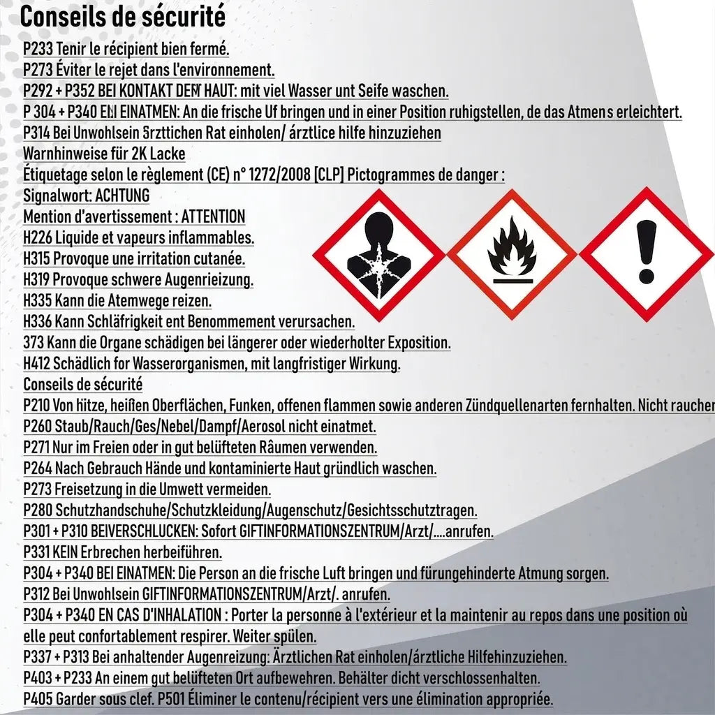 Instructions de sécurité détaillées en allemand pour un produit chimique, avec pictogrammes de danger CLP.