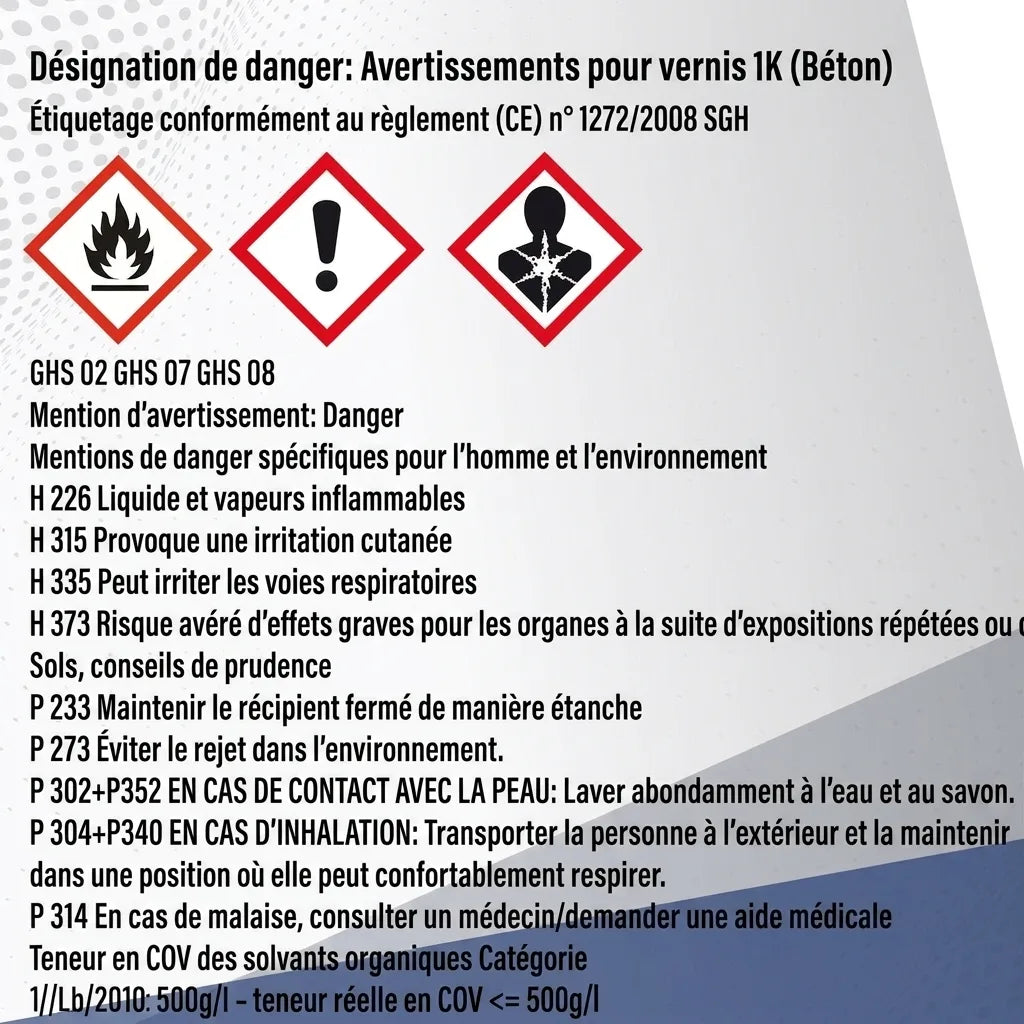 Étiquette d'information GHS pour peinture 1K béton : dangers (inflammable, irritant peau/voies respiratoires) et précautions.