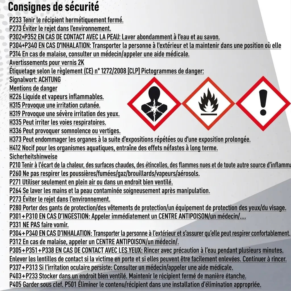 Instructions de sécurité en allemand avec pictogrammes de danger GHS pour un produit, incluant les phrases H et P.