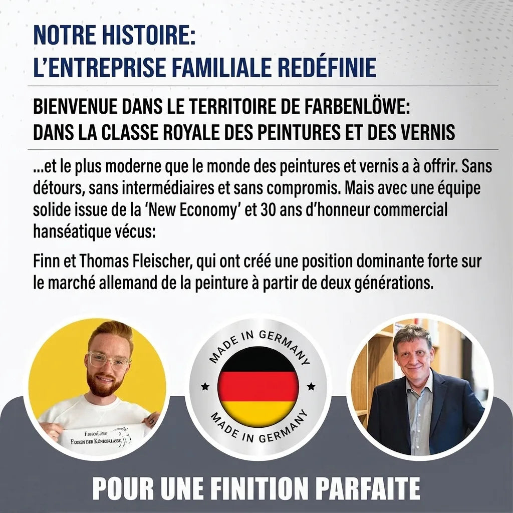 Graphique marketing Farbenlöwe sur l'histoire de l'entreprise familiale, proposant des peintures haut de gamme fabriquées en Allemagne, avec