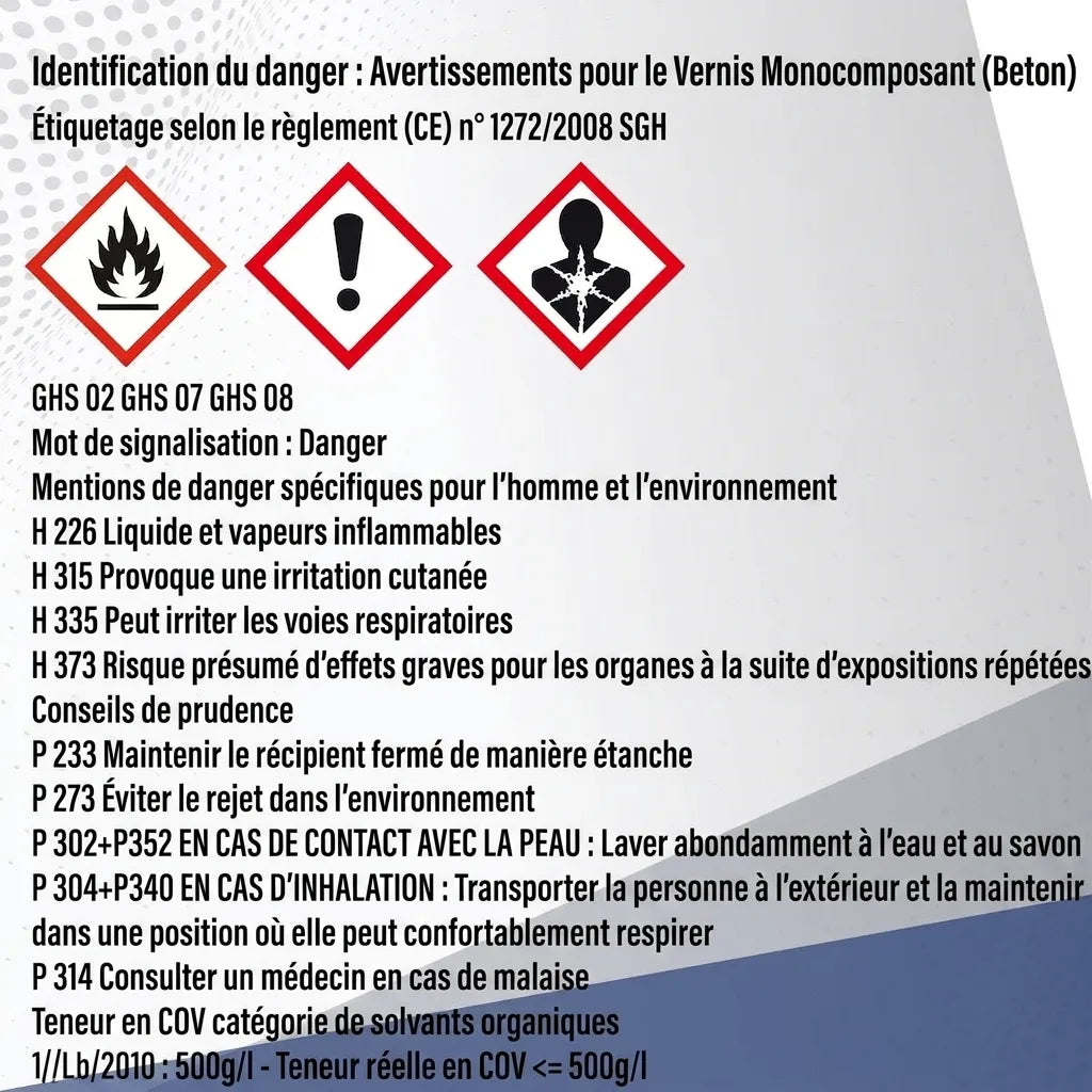 Étiquette produit avec symboles GHS, avertissements de danger et conseils de sécurité pour peinture béton.