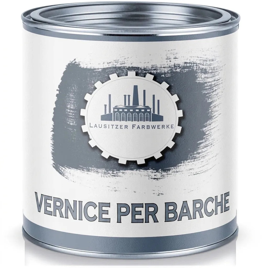 Barattolo di smalto grigio per barche con etichetta tedesca 'BOOTSLACK' e logo del produttore.