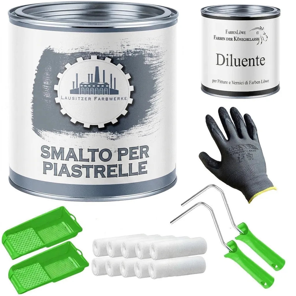Set completo per verniciare piastrelle: vernice, diluente, guanti, rulli e vaschette.