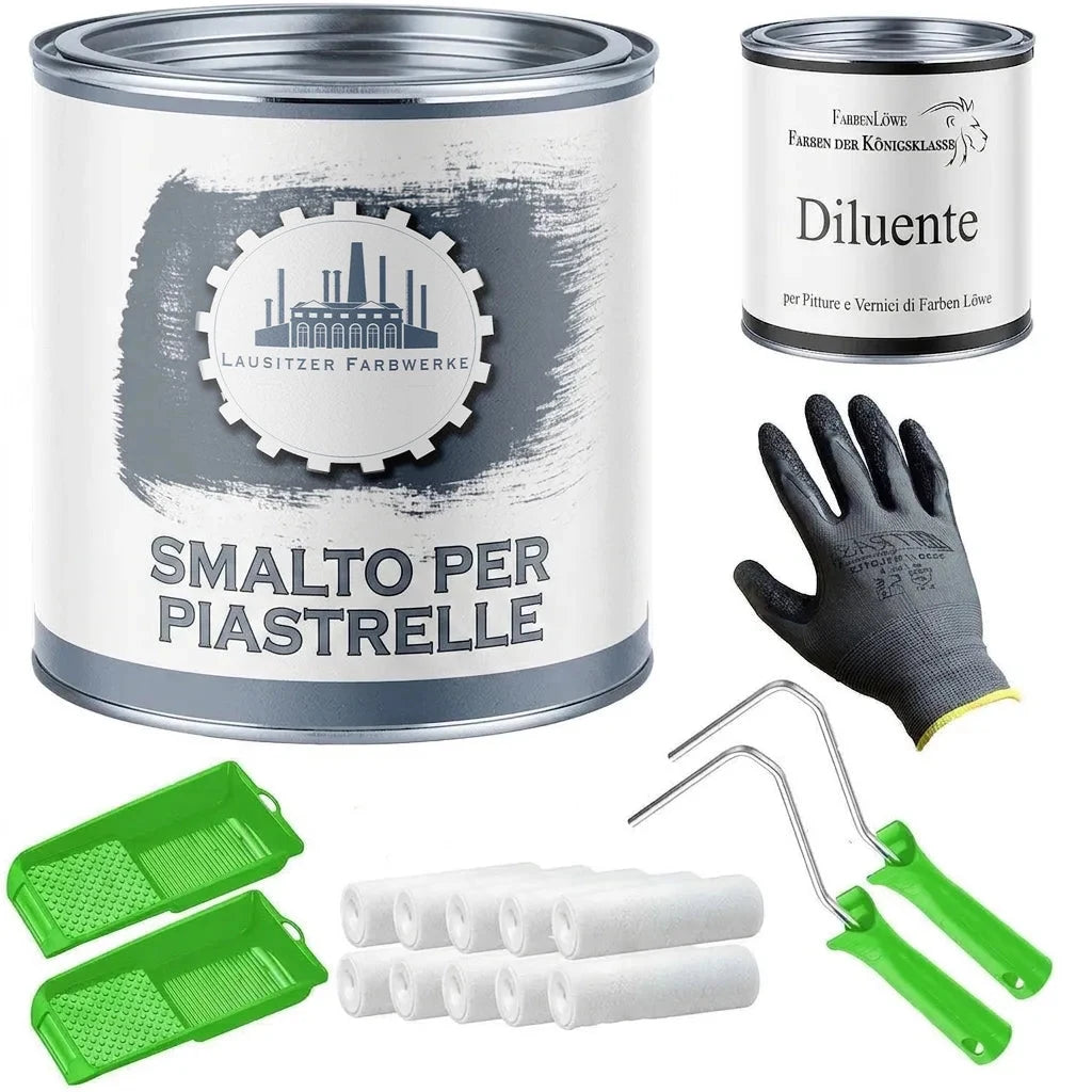 Set completo per verniciare piastrelle: vernice, diluente, guanti, rulli e vaschette.