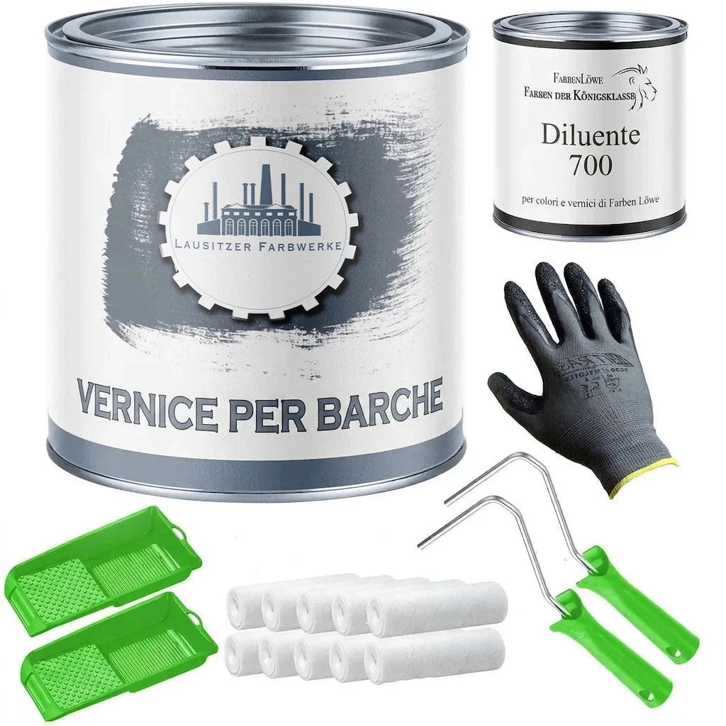 Kit pittura barche: vernice, diluente, guanti, rulli e vaschette per pittura.
