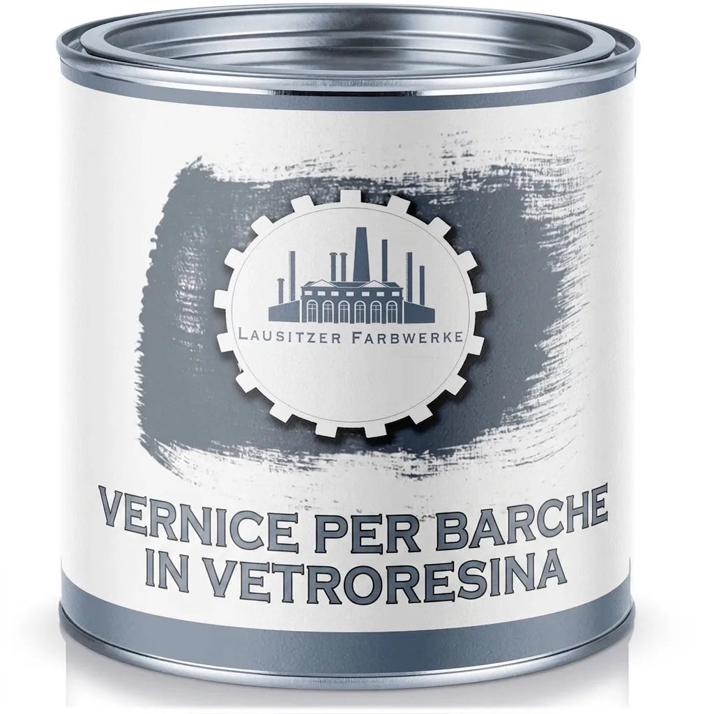 Barattolo di vernice metallico con etichetta LAUSITZER FARBWERKE e scritta BOOTSLACK (vernice per barche)