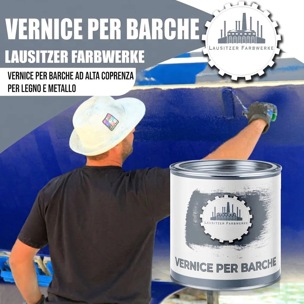 Vernice per barche Lausitzer Farbwerke. Uomo dipinge barca con vernice blu ad alta copertura per legno e metallo.