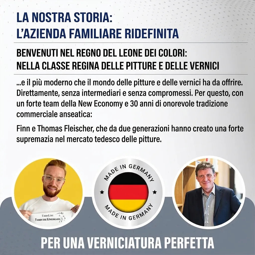 Azienda familiare tedesca Farbenlöwe, con i fondatori Finn e Thomas Fleischer, specializzata in vernici di alta qualità.