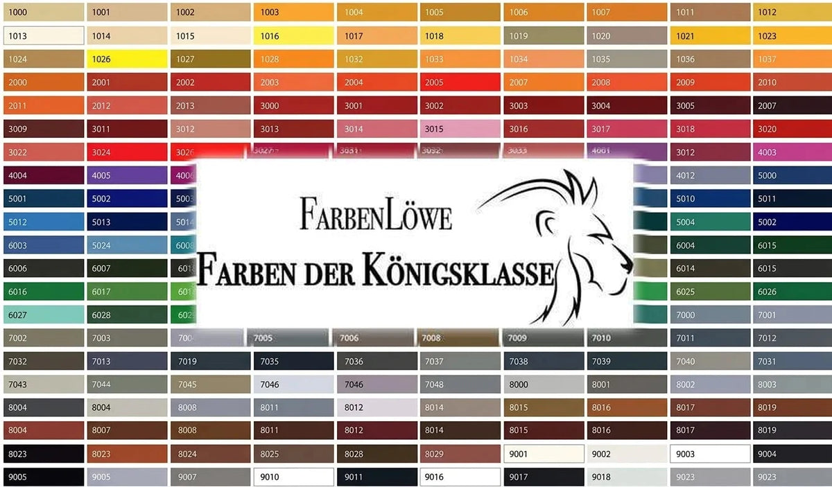 Cartella colori RAL FarbenLöwe Königsklasse con campioni numerati di varie tonalità.