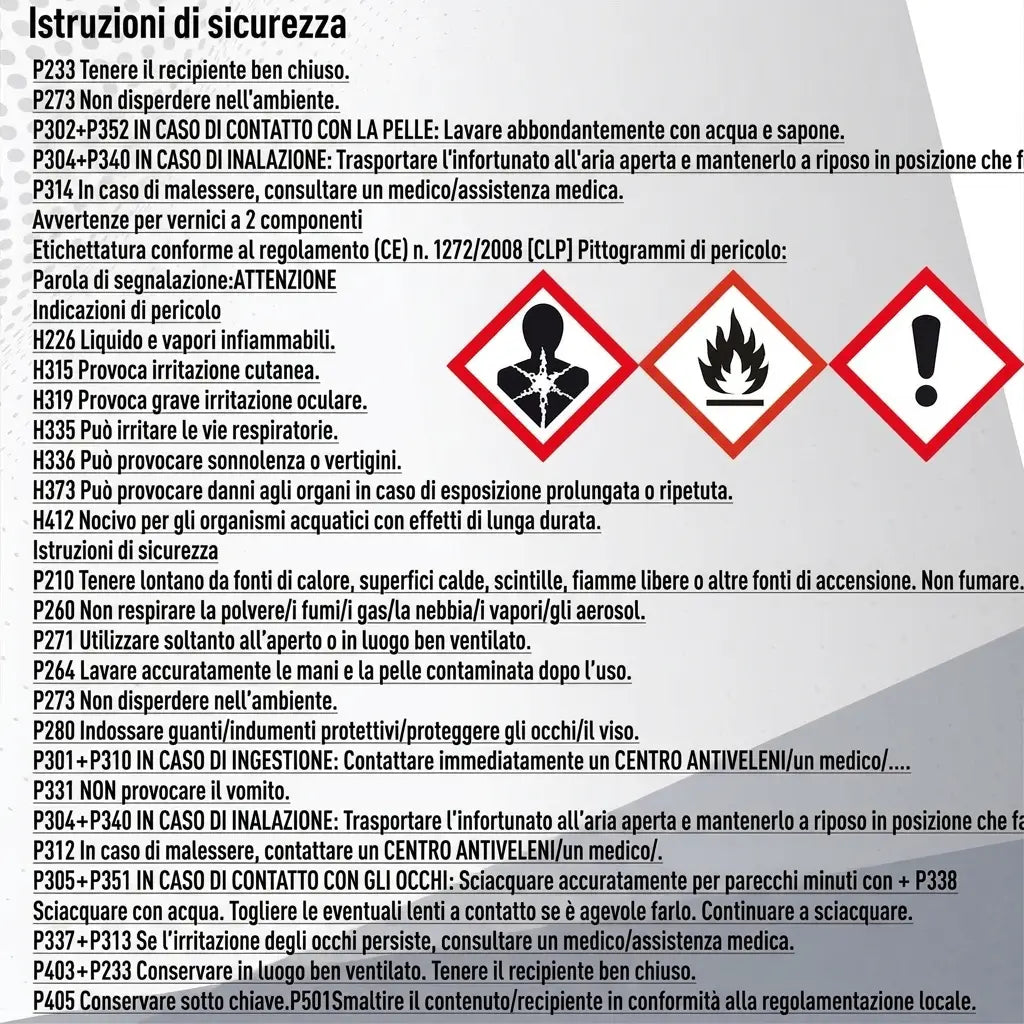 Istruzioni di sicurezza e avvertenze per vernici 2K, con pittogrammi di pericolo GHS.