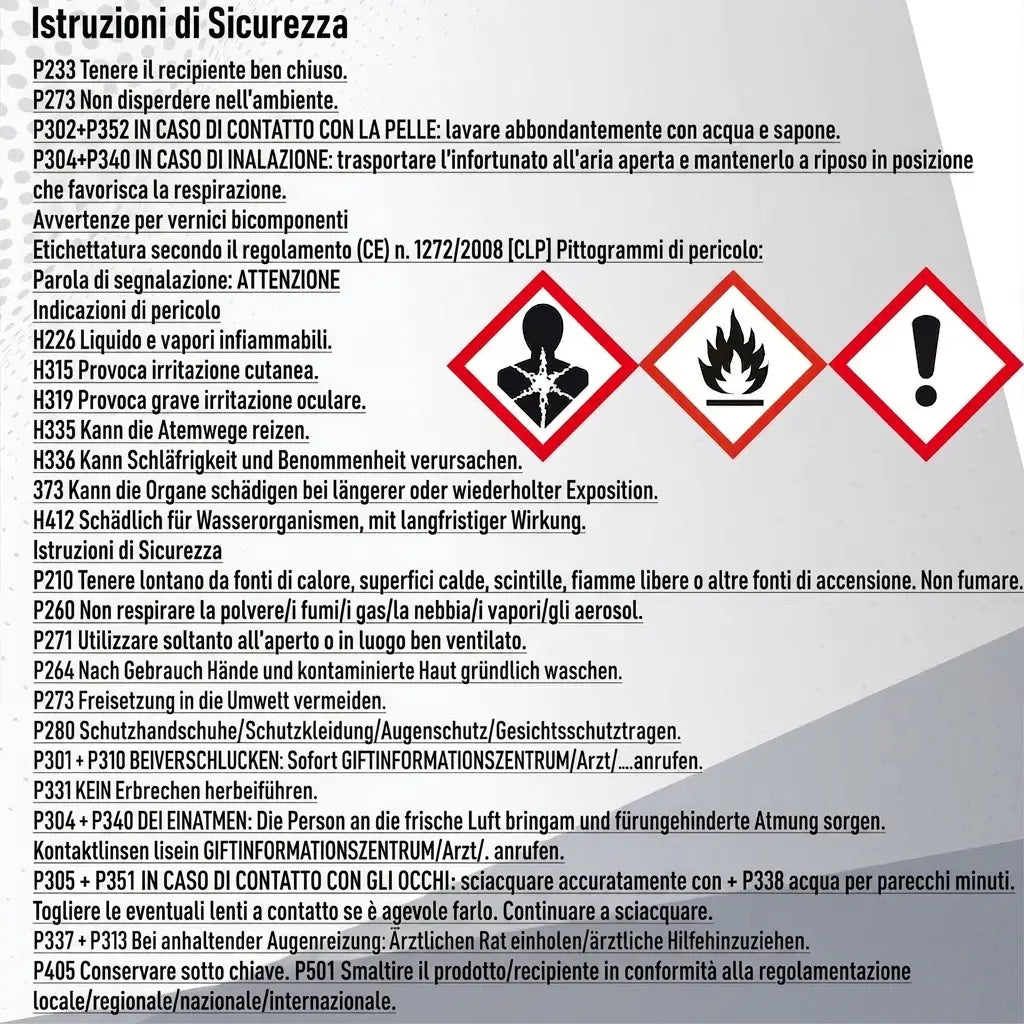 Avvertenze di sicurezza e pittogrammi di pericolo CLP in tedesco per vernici 2K.